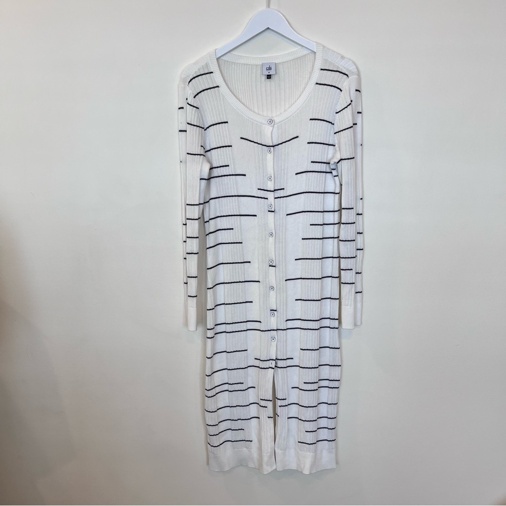 Cabi Duster Cardigan Womens Medium White Striped Sweater Dashes Long 5638
